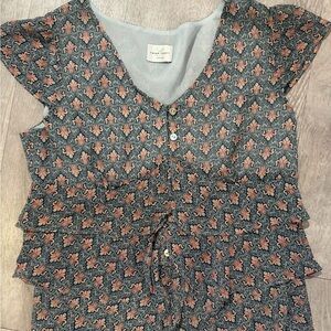 Printed Ruffle Front Button Blouse - Blue with Peach Motif